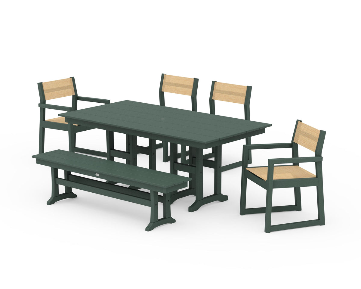 POLYWOOD EDGE Sling 6-Piece Farmhouse Dining Set in Green / Dupioni Apricot