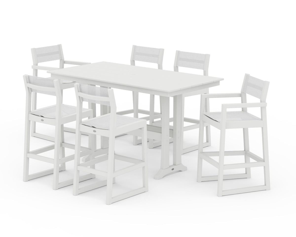 POLYWOOD EDGE Sling 7-Piece Farmhouse Bar Set with Trestle Legs in Vintage White / White