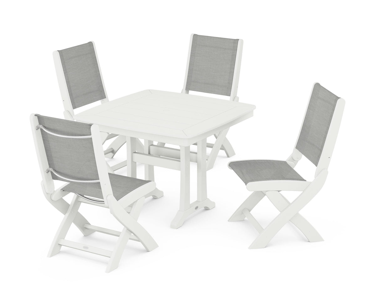 POLYWOOD Coastal Folding Side Chair 5-Piece Dining Set with Trestle Legs in Vintage White / Metallic