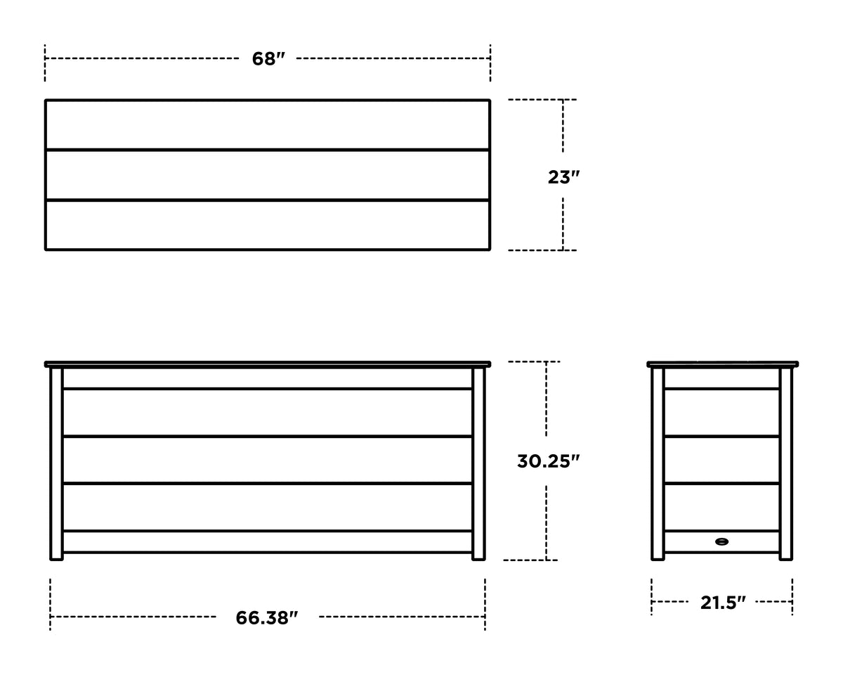 POLYWOOD 68" Storage Box Table dimension drawing with width, depth and height measurements