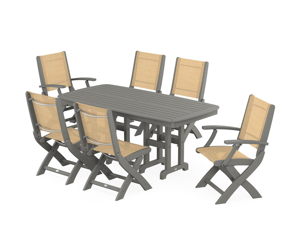 POLYWOOD Coastal Folding Chair 7-Piece Dining Set in Slate Grey / Dupioni Apricot