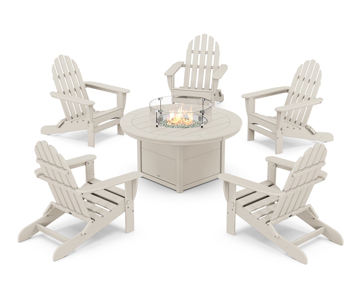 POLYWOOD Classic Folding Adirondack 6-Piece Conversation Set with Fire Pit Table in Sand