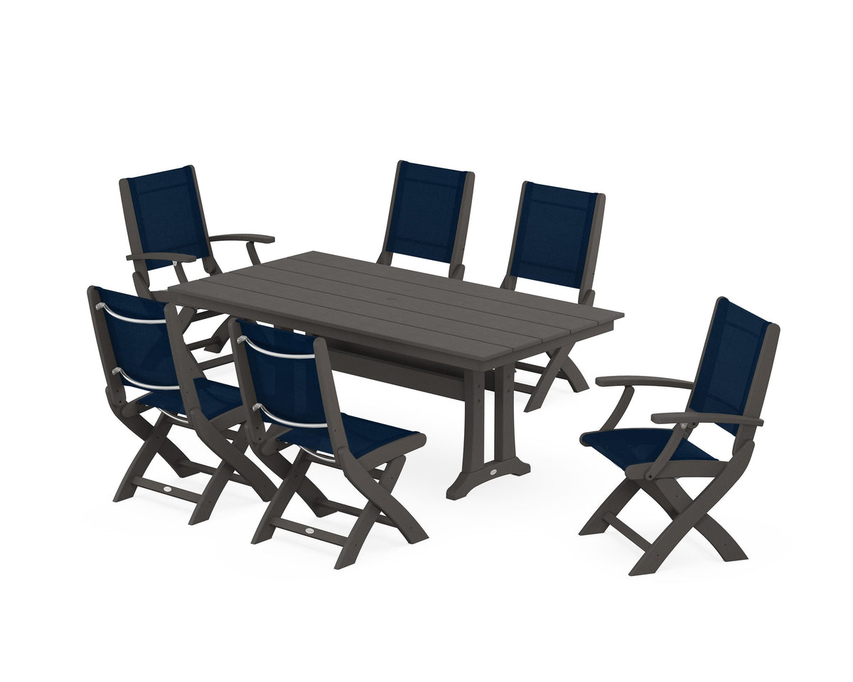 POLYWOOD Coastal Folding Chair 7-Piece Farmhouse Dining Set with Trestle Legs in Vintage Coffee / Navy Blue