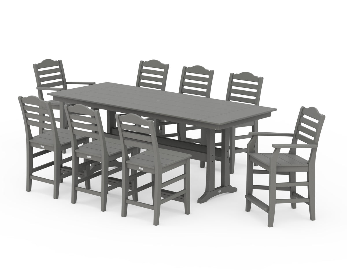 POLYWOOD Savannah 9-Piece Farmhouse Counter Set with Trestle Legs in Slate Grey