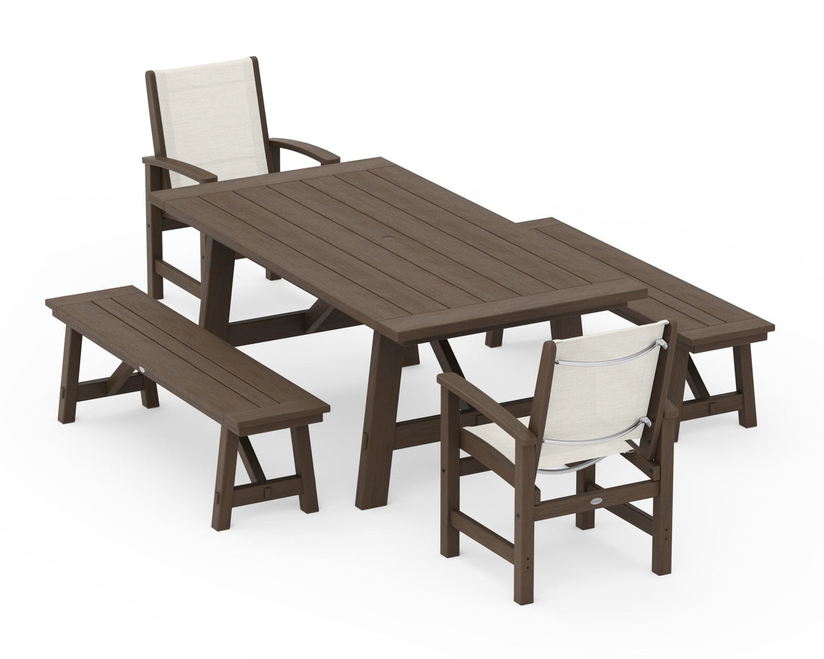 POLYWOOD Coastal 5-Piece Rustic Farmhouse Dining Set With Benches in Kona / Parchment