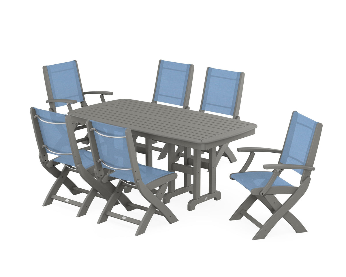 POLYWOOD Coastal Folding Chair 7-Piece Dining Set in Slate Grey / Poolside