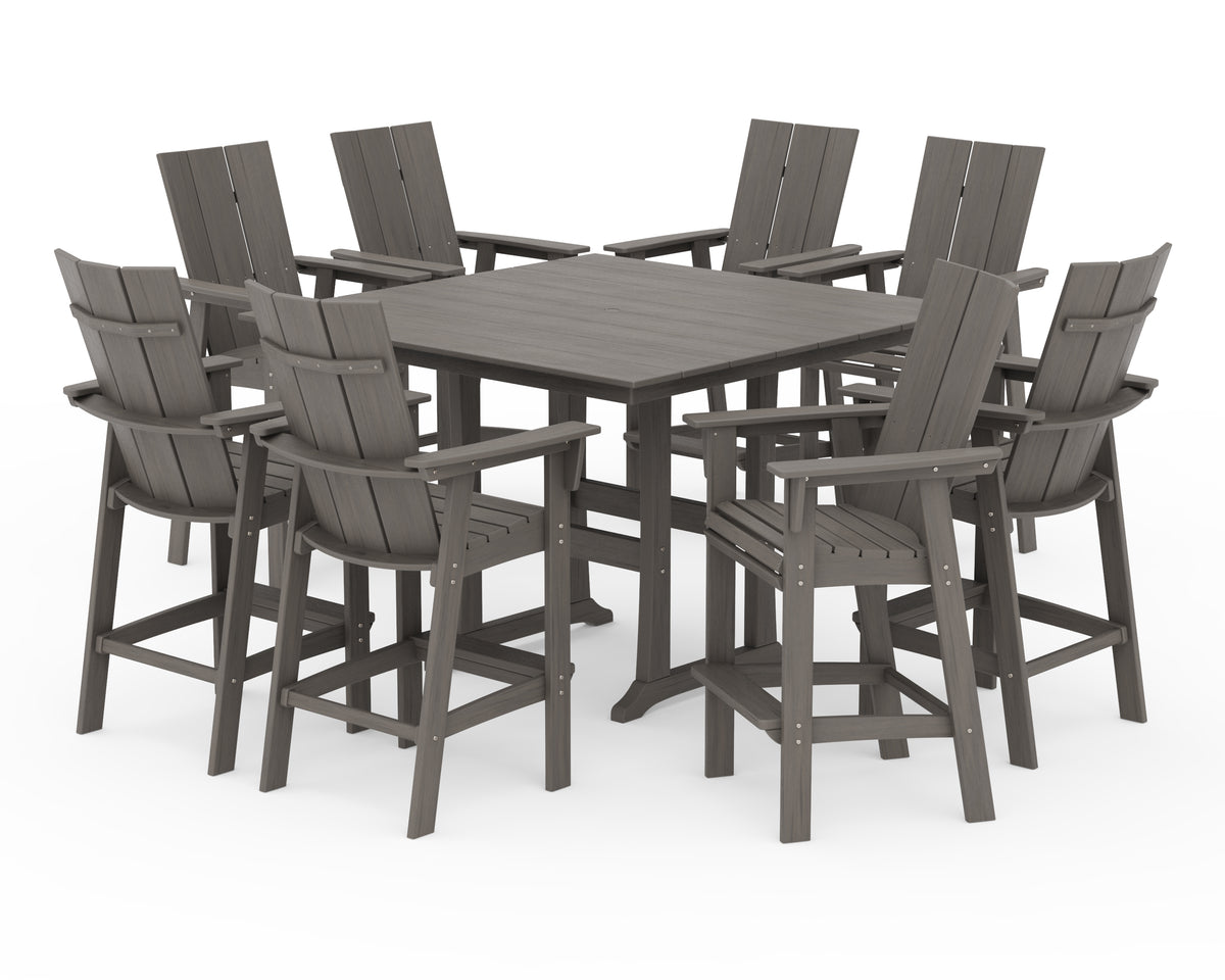 POLYWOOD Modern Curveback Adirondack 9-Piece Farmhouse Trestle Bar Set in Driftwood