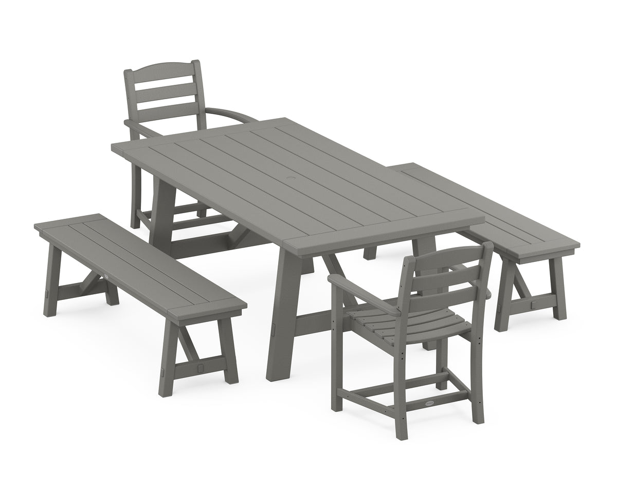 POLYWOOD La Casa Café 5-Piece Rustic Farmhouse Dining Set with Benches in Slate Grey