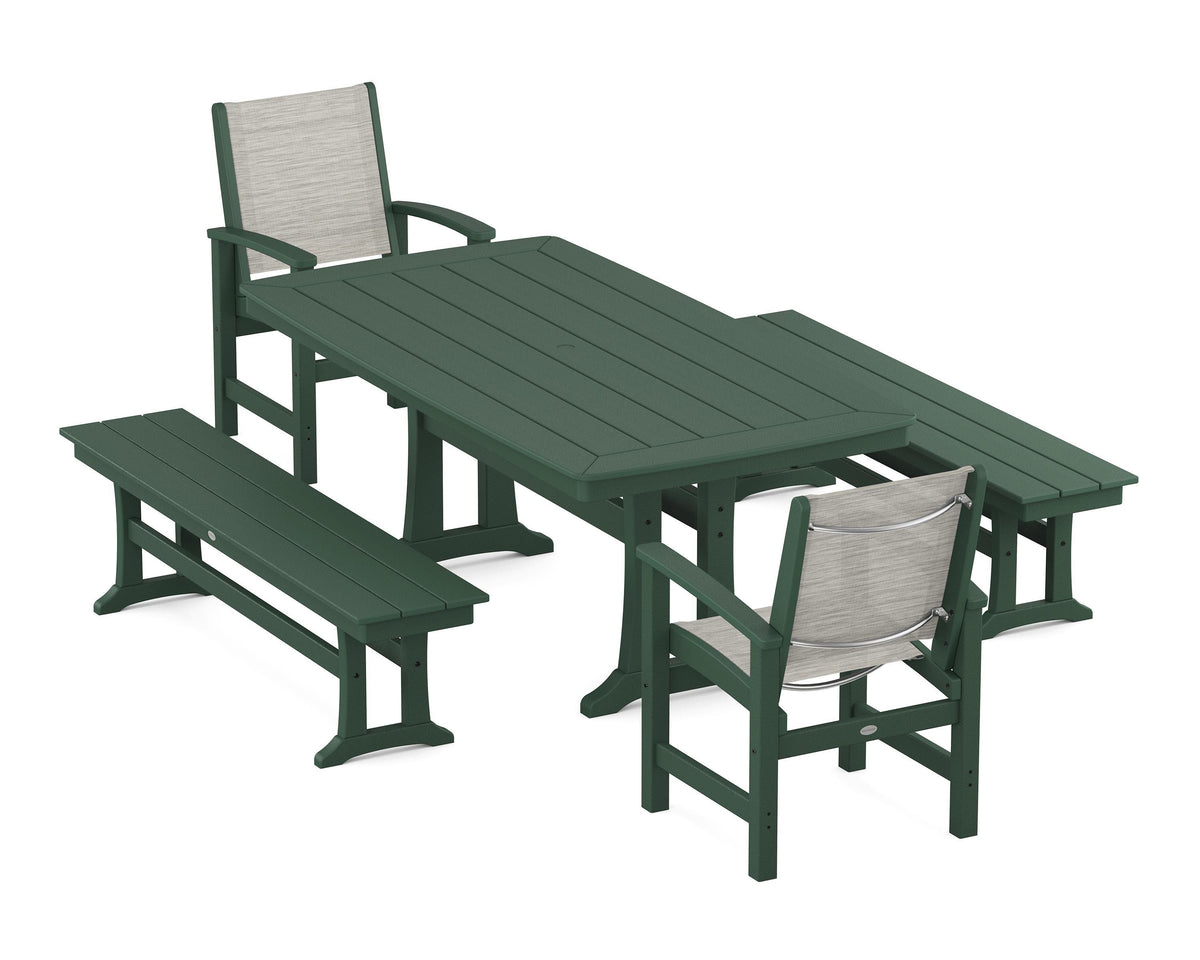 POLYWOOD Coastal 5-Piece Dining Set with Trestle Legs and Benches in Green / Birch