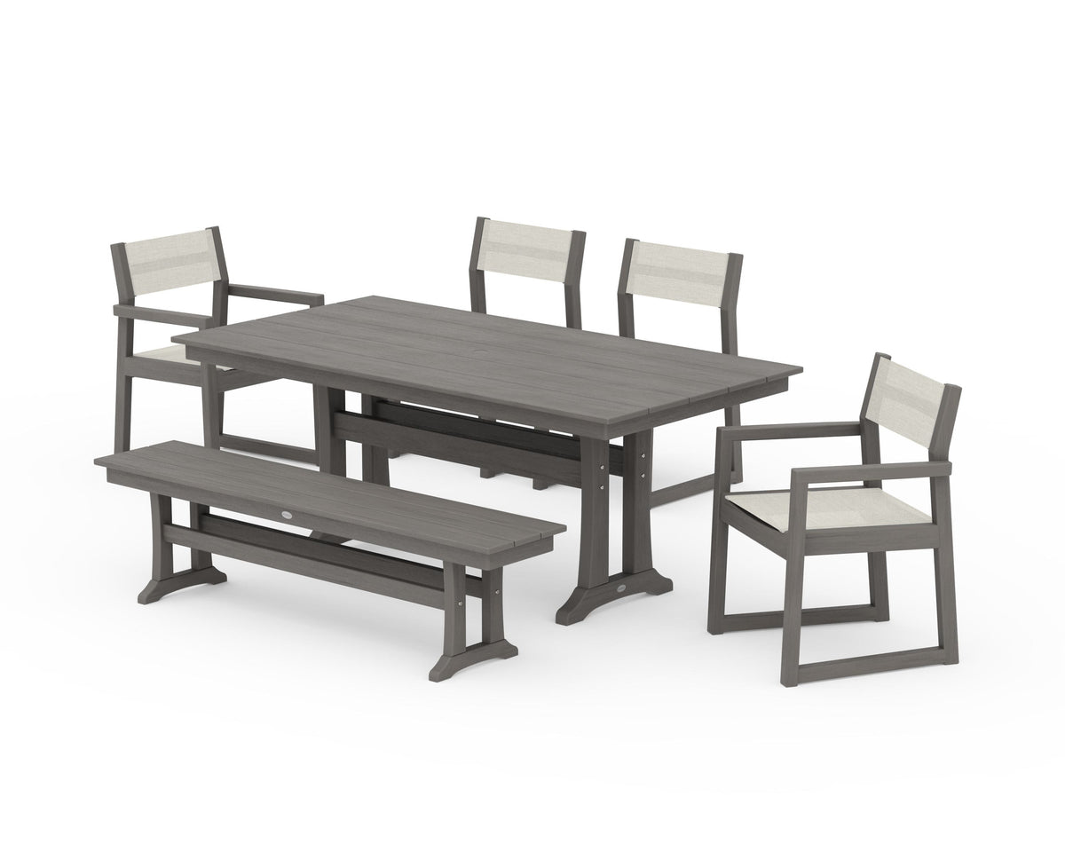 POLYWOOD EDGE Sling 6-Piece Farmhouse Dining Set With Trestle Legs in Driftwood / Parchment