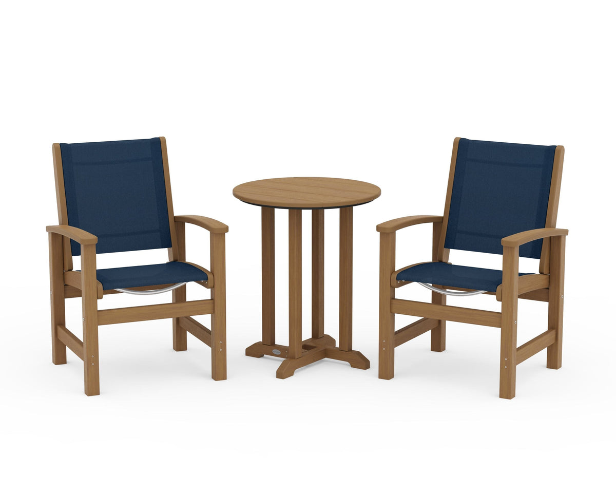 POLYWOOD Coastal 3-Piece Round Bistro Dining Set in Natural / Navy Blue