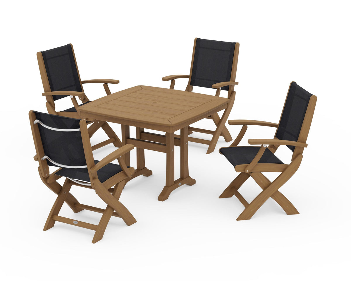 POLYWOOD Coastal Folding Chair 5-Piece Dining Set with Trestle Legs in Natural / Black