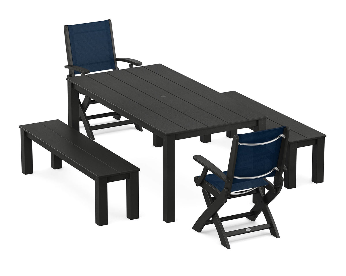 POLYWOOD Coastal Folding Chair 5-Piece Parsons Dining Set with Benches in Black / Navy Blue