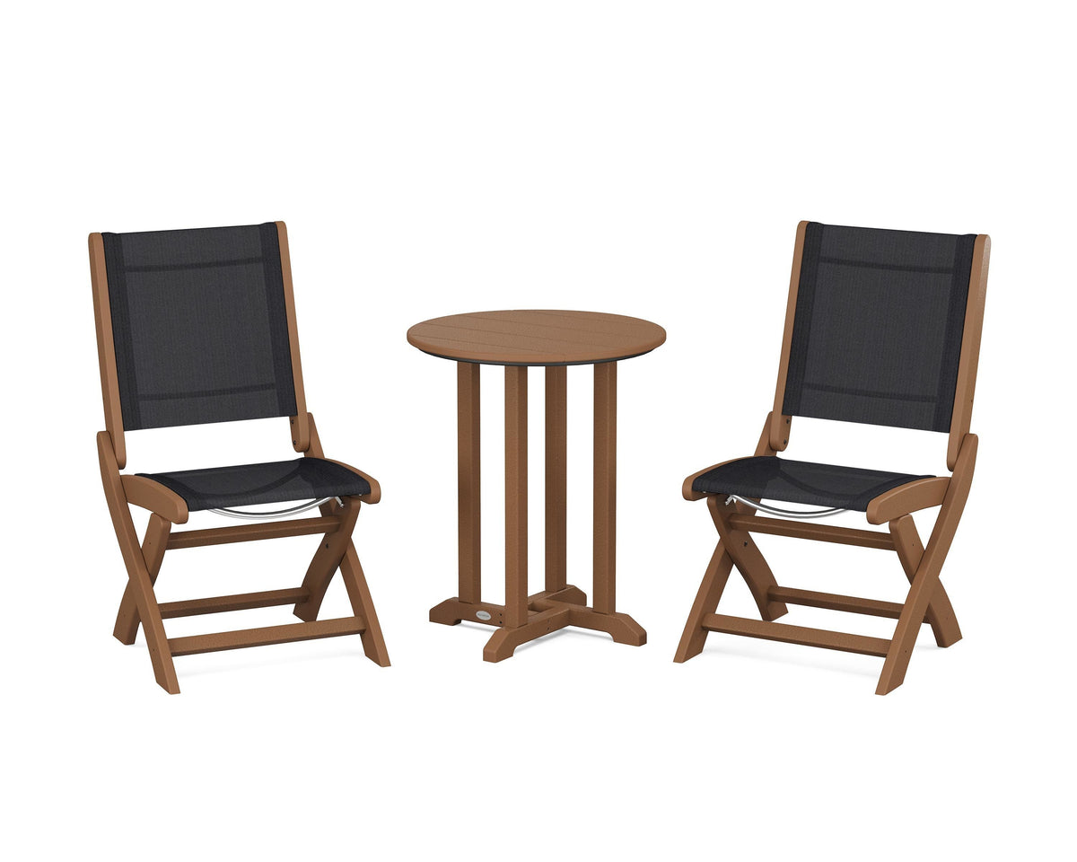POLYWOOD Coastal Folding Side Chair 3-Piece Round Bistro Dining Set in Teak / Black