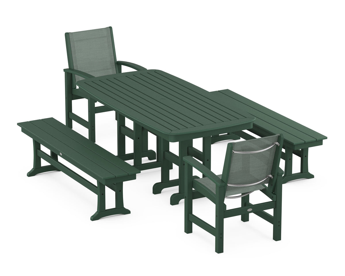 POLYWOOD Coastal 5-Piece Dining Set with Nautical 37" x 72" Dining Table in Green / Dupioni Sea Mist