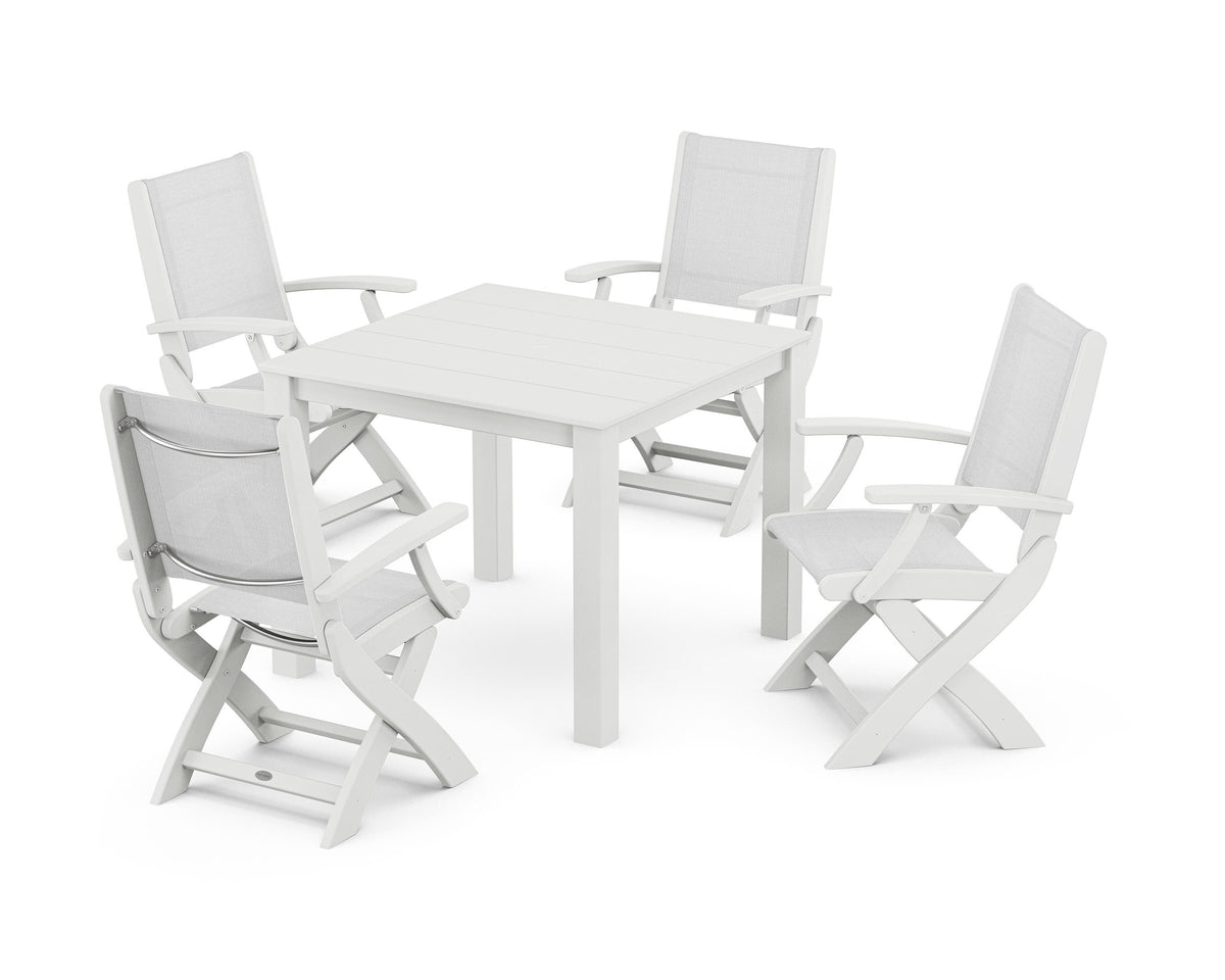 POLYWOOD Coastal Folding Chair 5-Piece Parsons Dining Set in White / White