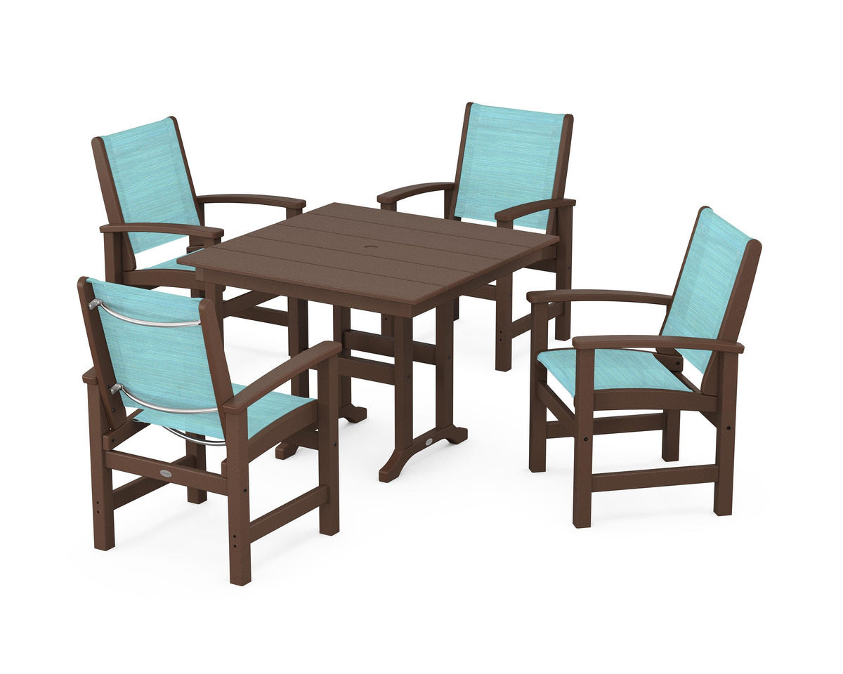 POLYWOOD Coastal 5-Piece Farmhouse Dining Set with Farmhouse 37" Dining Table in Mahogany / Dupioni Aquamarine