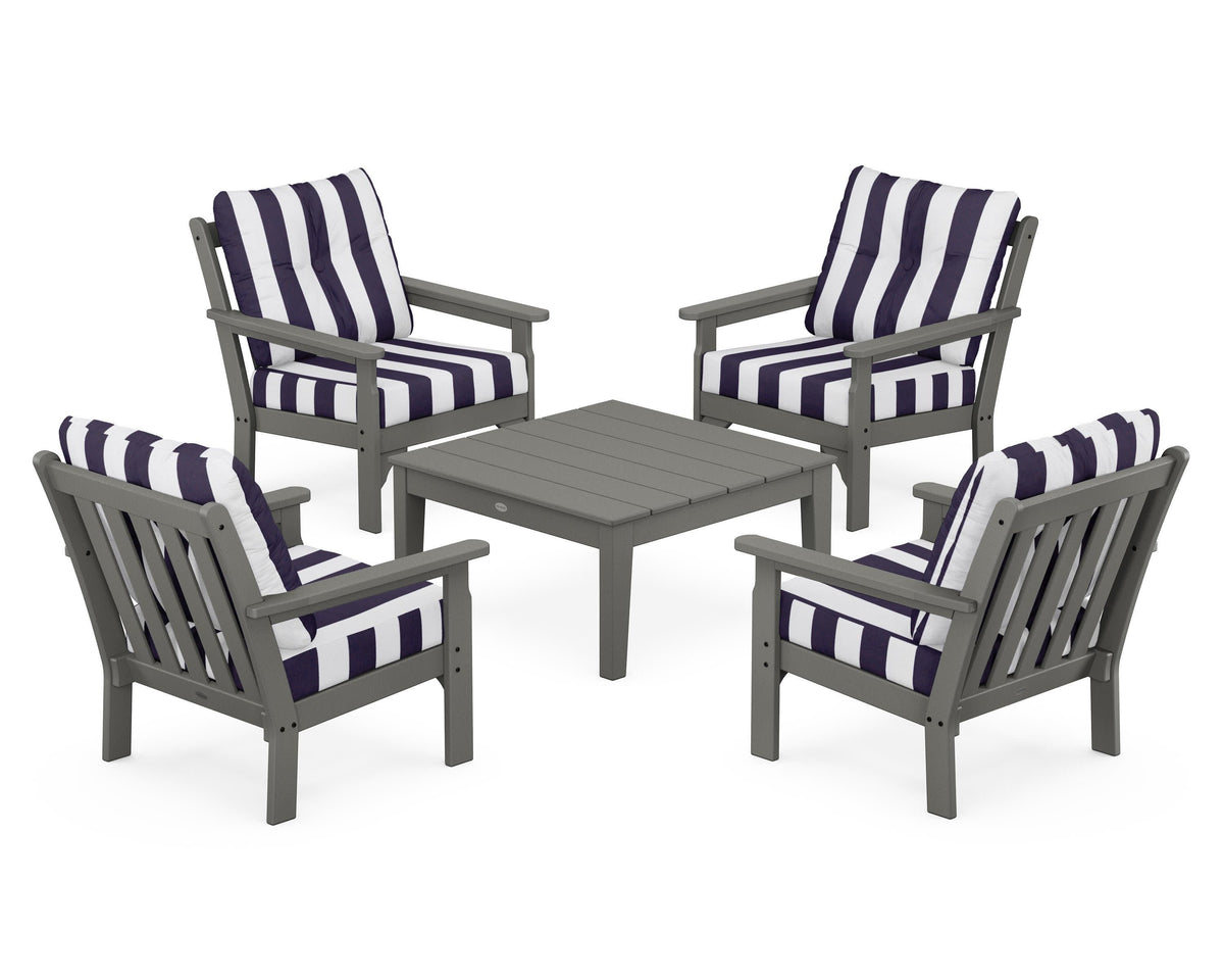POLYWOOD Vineyard 5-Piece Deep Seating Conversation Set in Slate Grey / Cabana Stripe Navy