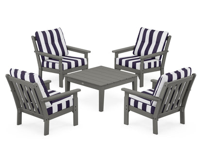 POLYWOOD Vineyard 5-Piece Deep Seating Conversation Set in Slate Grey / Cabana Stripe Navy