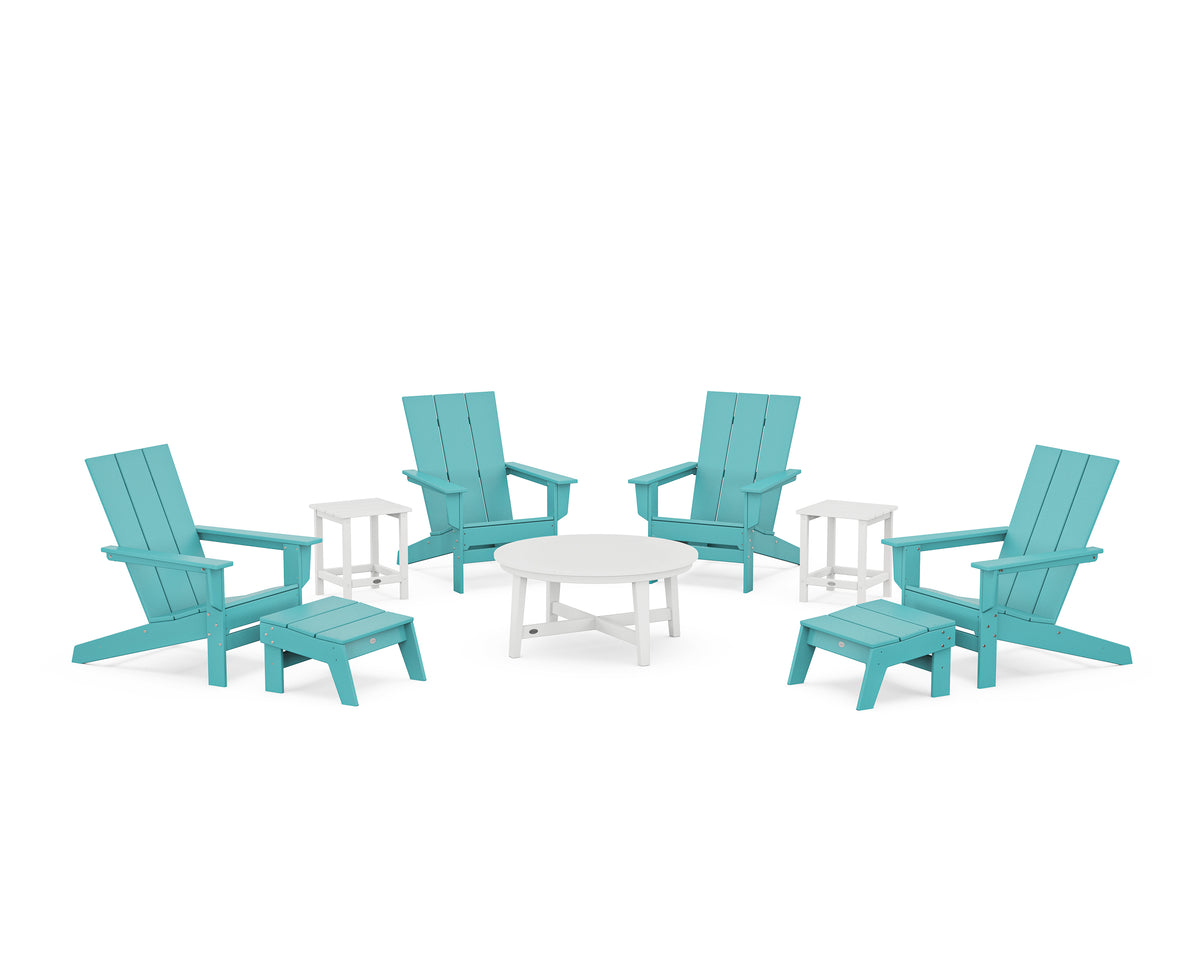 POLYWOOD Modern Studio Adirondack 9-Piece Conversation Set in Aruba / White
