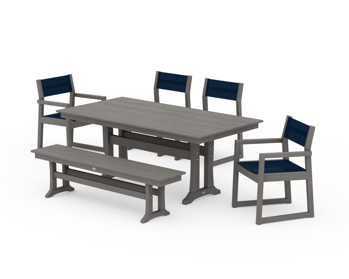 POLYWOOD EDGE Sling 6-Piece Farmhouse Dining Set With Trestle Legs in Driftwood / Navy Blue
