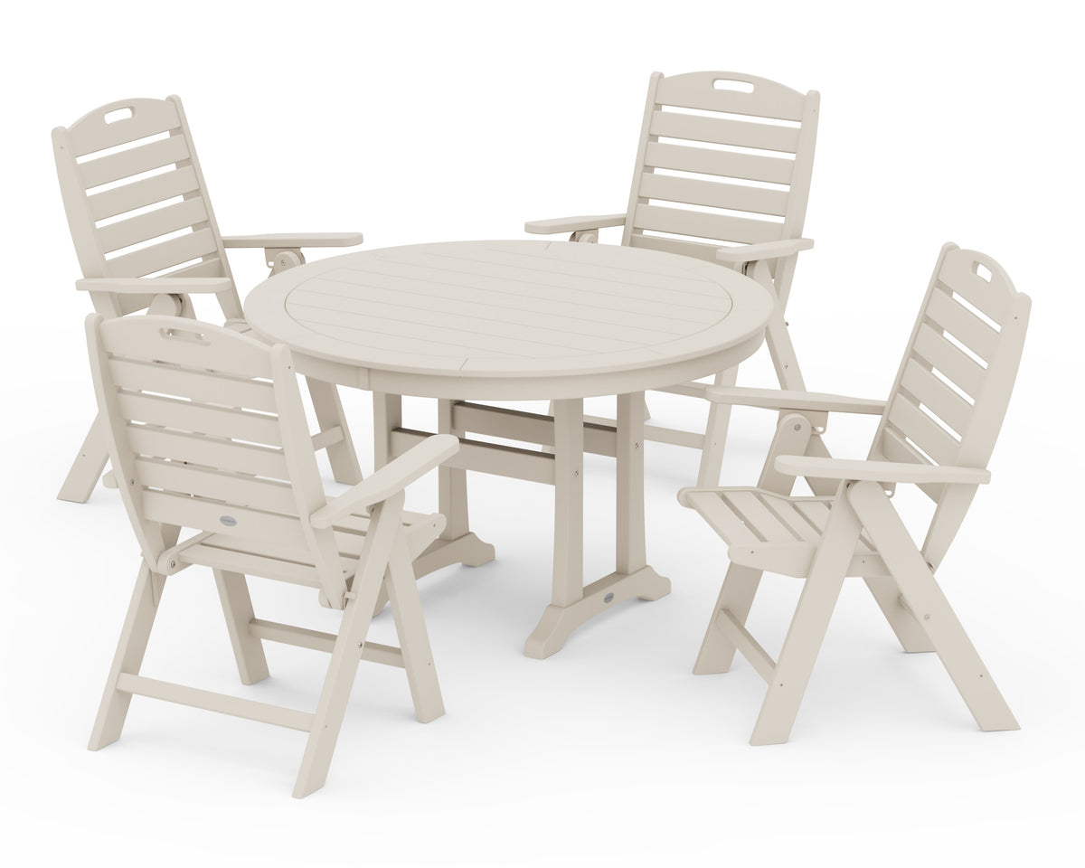 POLYWOOD Nautical Highback Chair 5-Piece Round Dining Set with Trestle Legs in Sand