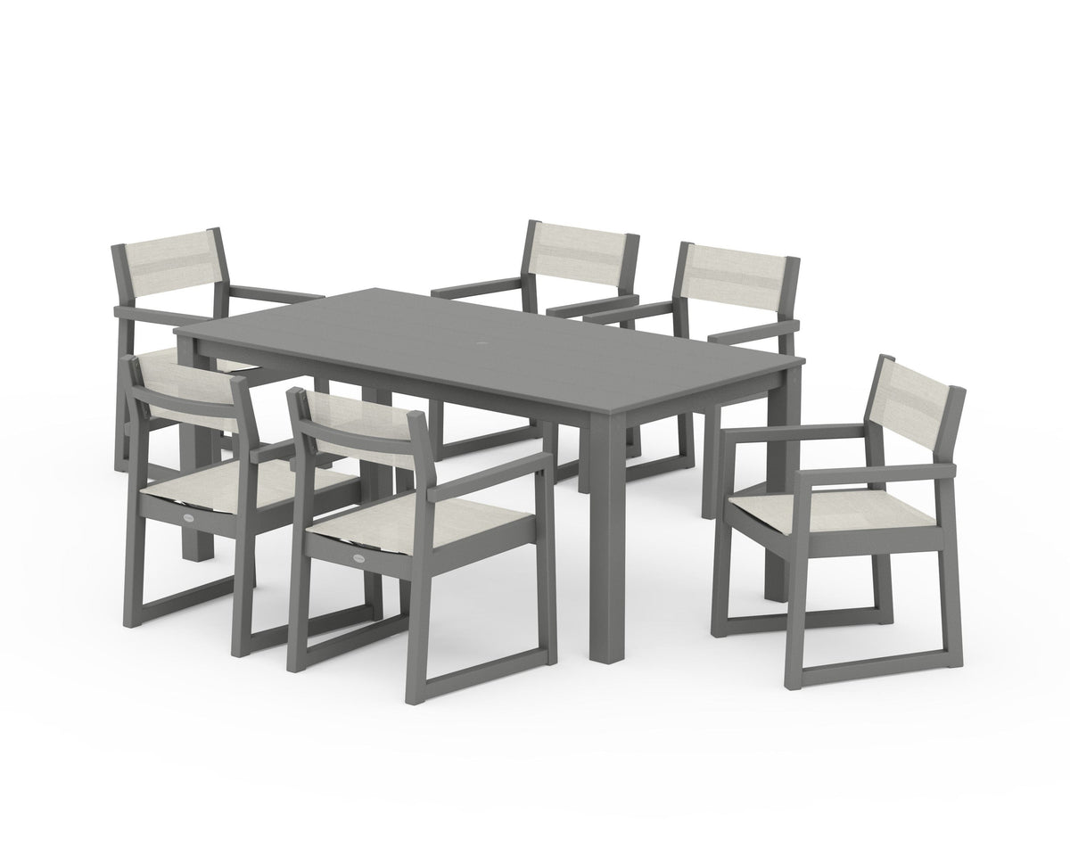 POLYWOOD EDGE Sling Arm Chair 7-Piece Parsons Dining Set in Slate Grey / Parchment