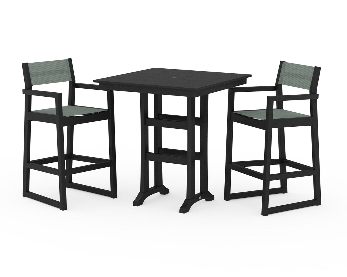 POLYWOOD EDGE Sling Arm Chair 3-Piece Farmhouse Bar Set with Trestle Legs in Black / Dupioni Sea Mist