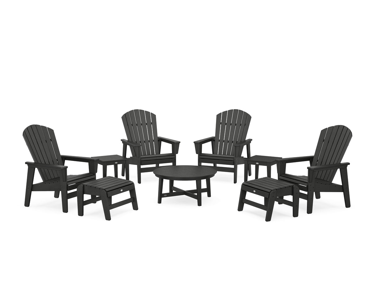 POLYWOOD Nautical Grand Upright Adirondack 9-Piece Conversation Set in Black