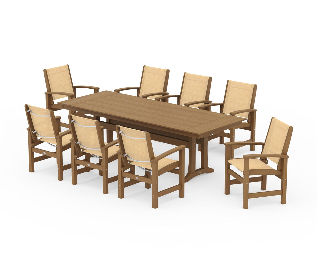 POLYWOOD Coastal 9-Piece Farmhouse Dining Set with Trestle Legs in Natural / Dupioni Apricot