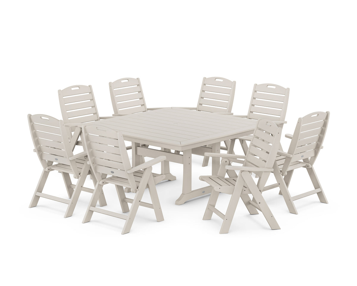 POLYWOOD Nautical Highback 9-Piece Square Dining Set with Trestle Legs in Sand