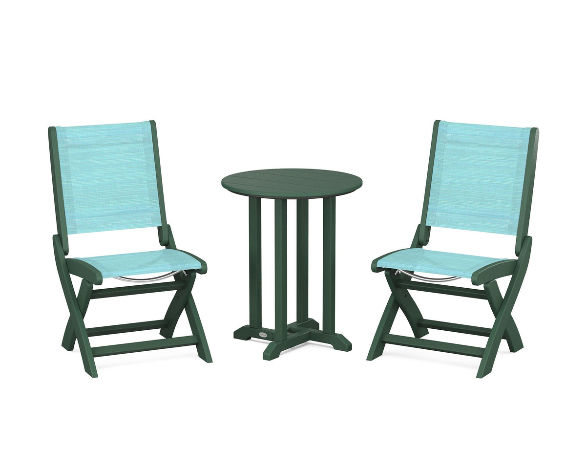 POLYWOOD Coastal Folding Side Chair 3-Piece Round Bistro Dining Set in Green / Dupioni Aquamarine