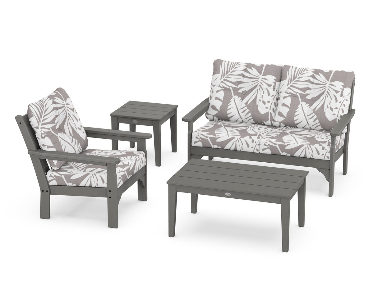 POLYWOOD Vineyard 4-Piece Deep Seating Set with 36" Coffee Table in Slate Grey / Leaf Grey Mist