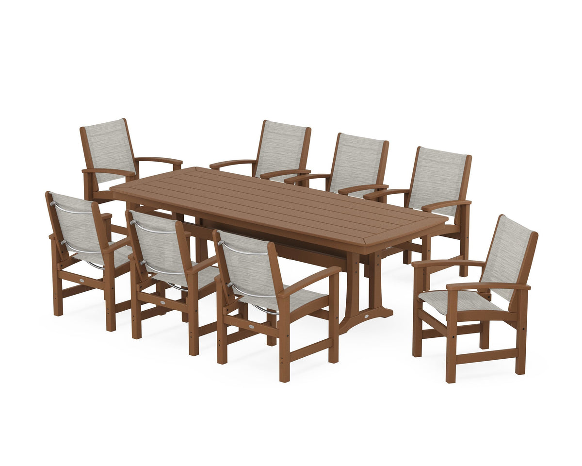 POLYWOOD Coastal 9-Piece Dining Set with Trestle Legs in Teak / Birch