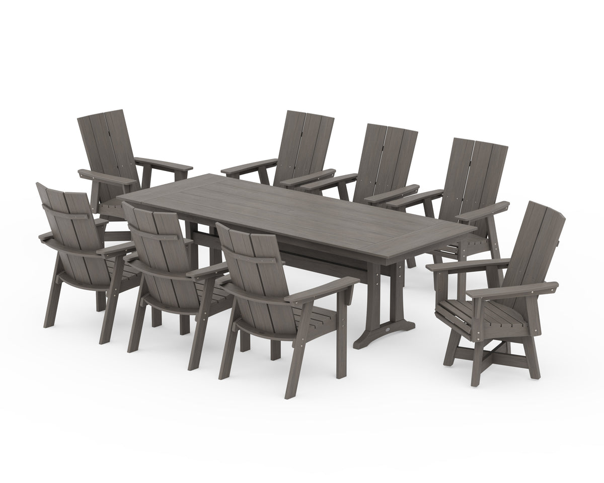 POLYWOOD Modern Curveback Adirondack Swivel 9-Piece Farmhouse Dining Set with Trestle Legs in Driftwood