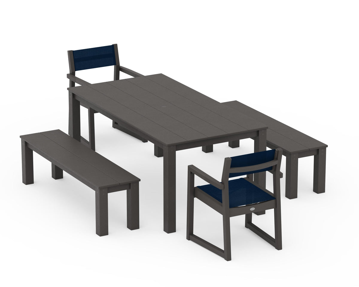 POLYWOOD EDGE Sling Arm Chair 5-Piece Parsons Dining Set with Benches in Vintage Coffee / Navy Blue