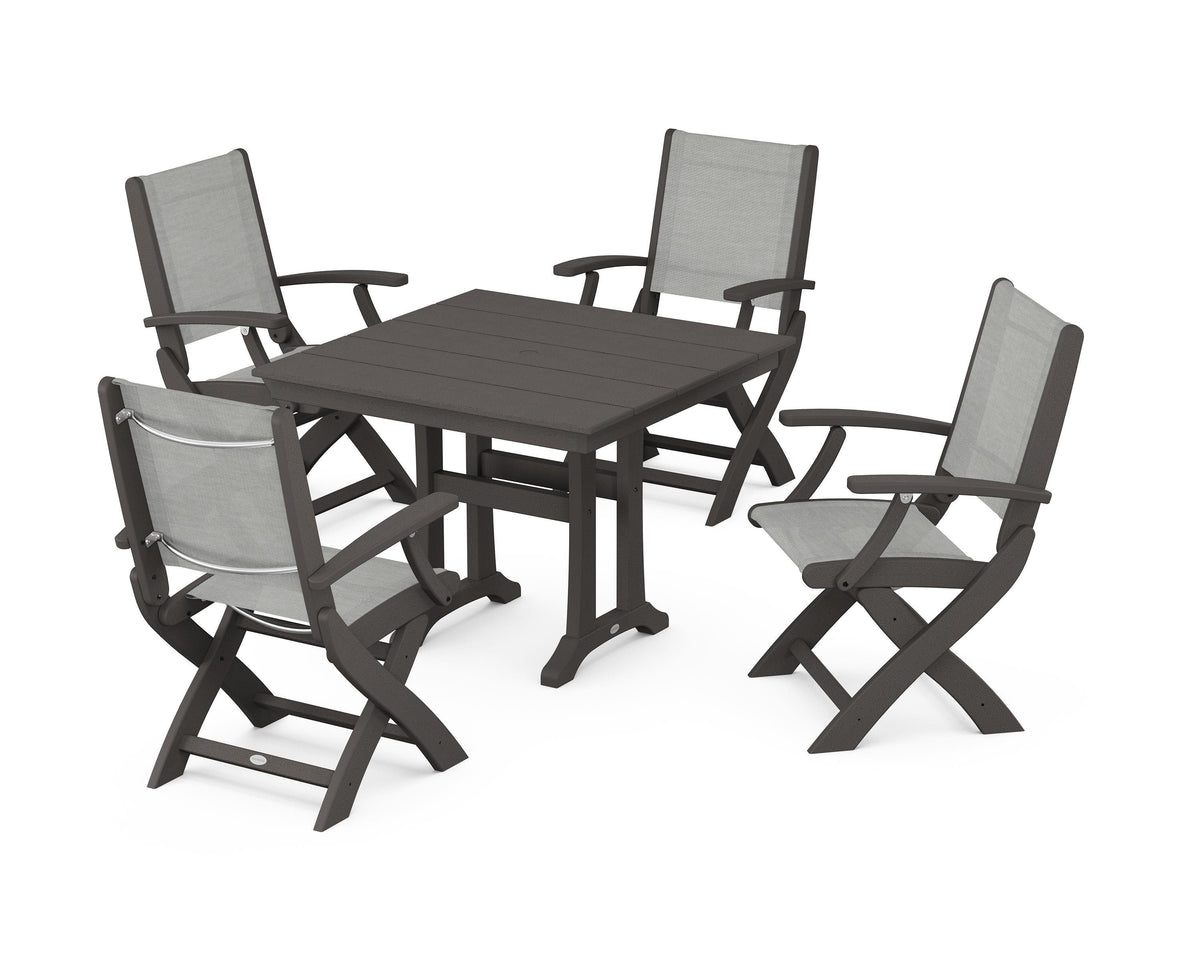 POLYWOOD Coastal Folding Chair 5-Piece Farmhouse Dining Set With Trestle Legs in Vintage Coffee / Metallic