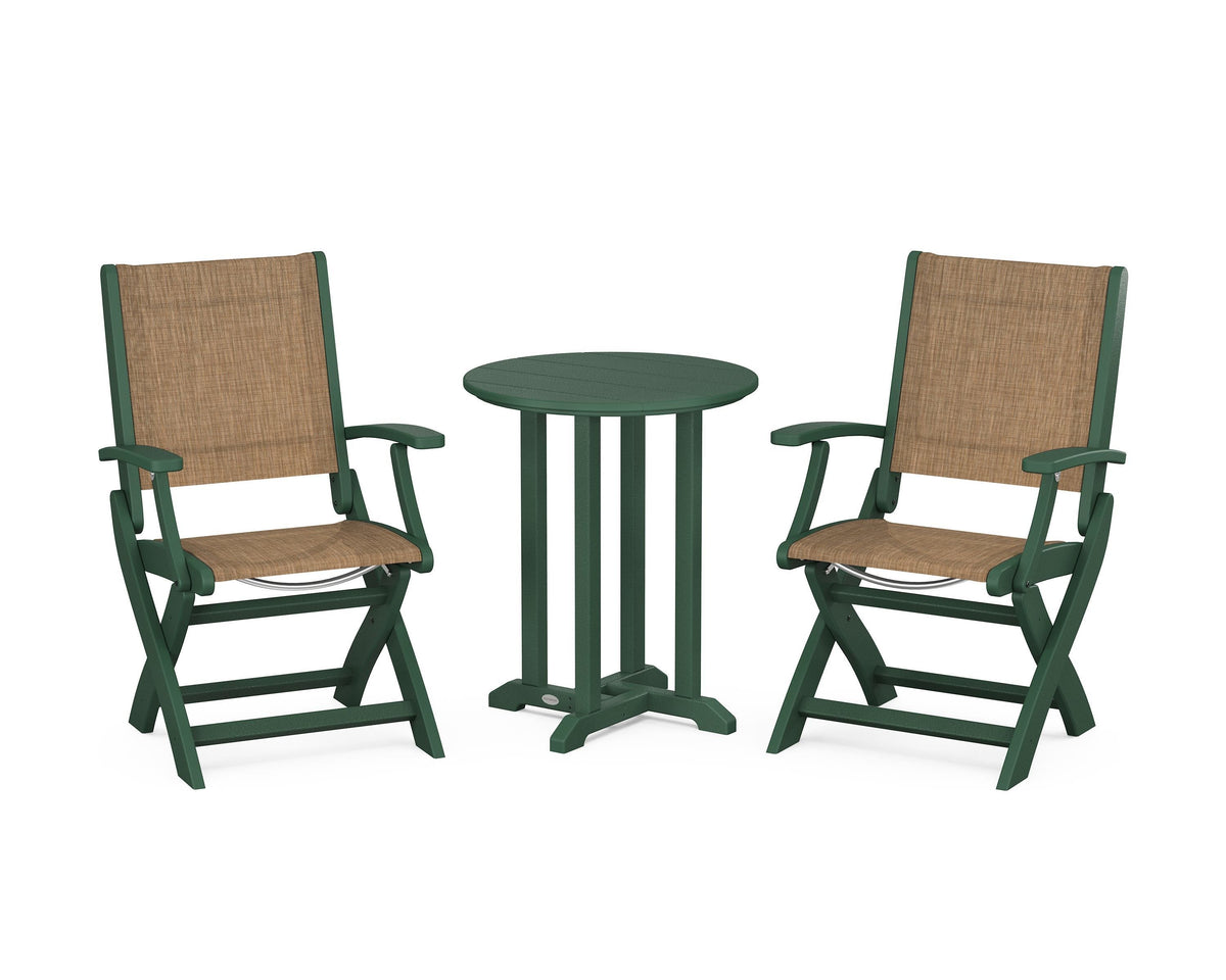POLYWOOD Coastal Folding 3-Piece Round Bistro Dining Set in Green / Burlap
