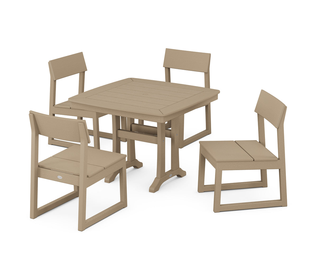 POLYWOOD EDGE Side Chair 5-Piece Dining Set with Trestle Legs (Nautical Trestle 37" Table) in Vintage Sahara