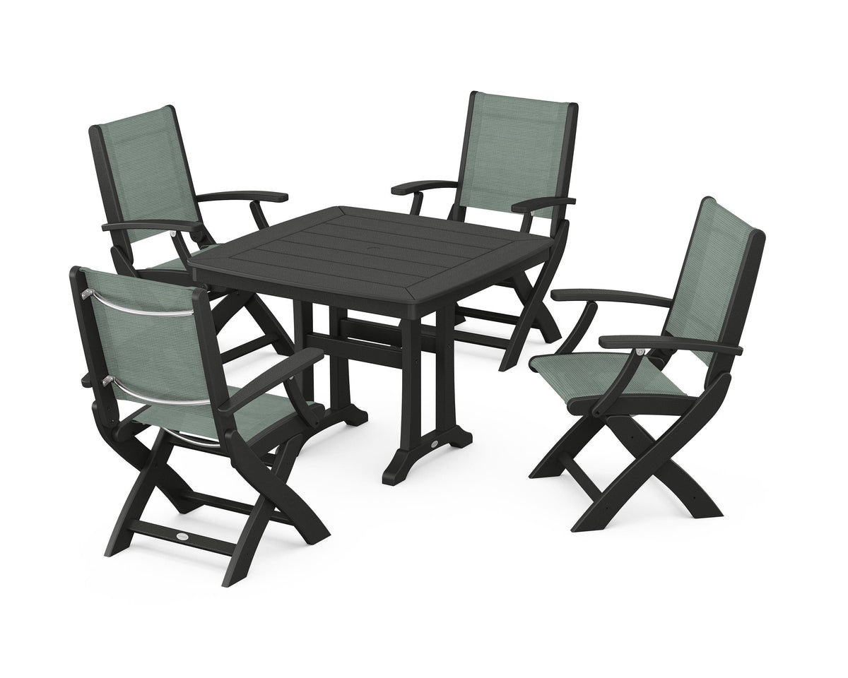 POLYWOOD Coastal Folding Chair 5-Piece Dining Set with Trestle Legs in Black / Dupioni Sea Mist