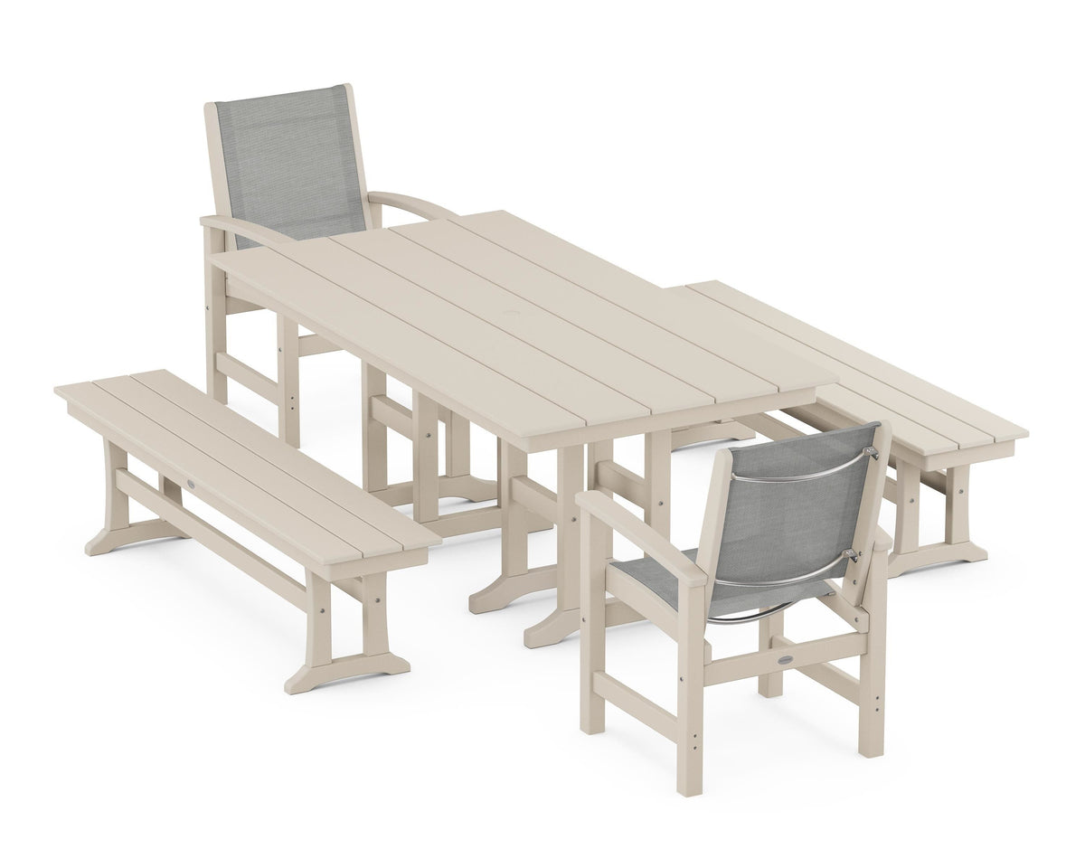 POLYWOOD Coastal 5-Piece Farmhouse Dining Set with Farmhouse 37" x 72" Dining Table in Sand / Metallic