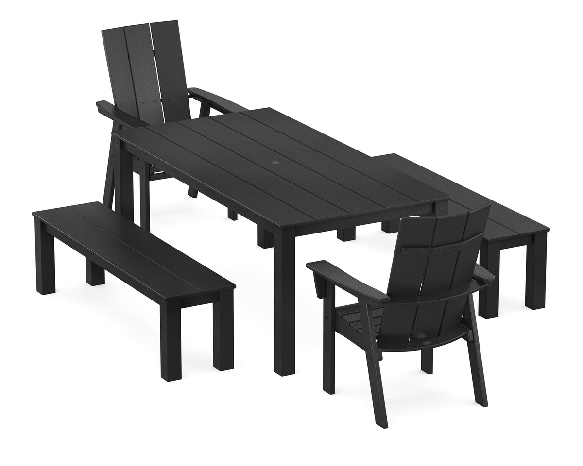 POLYWOOD Modern Curveback Adirondack 5-Piece Parsons Dining Set with Benches in Black