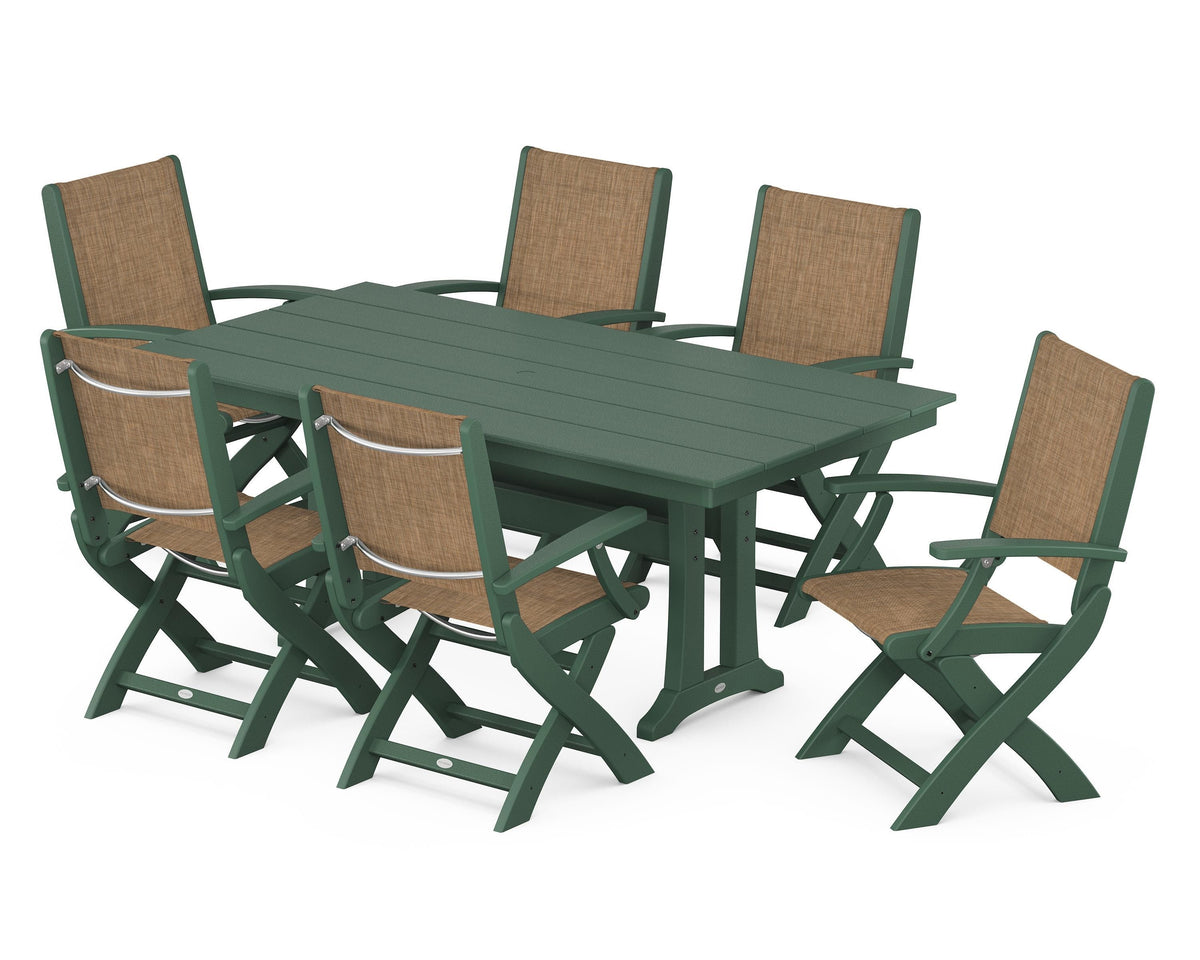 POLYWOOD Coastal Folding Arm Chair 7-Piece Farmhouse Dining Set with Trestle Legs in Green / Burlap