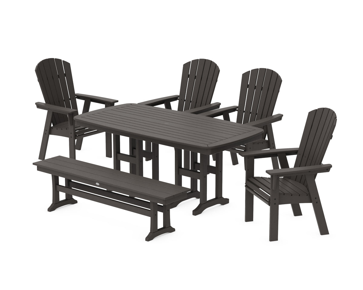 POLYWOOD Nautical Curveback Adirondack 6-Piece Dining Set with Bench in Vintage Coffee