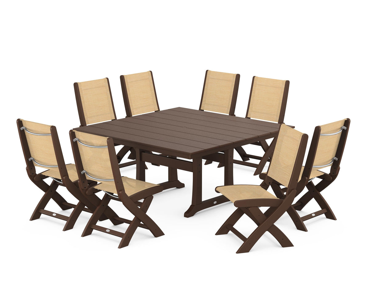 POLYWOOD Coastal Folding Side Chair 9-Piece Farmhouse Dining Set in Mahogany / Dupioni Apricot