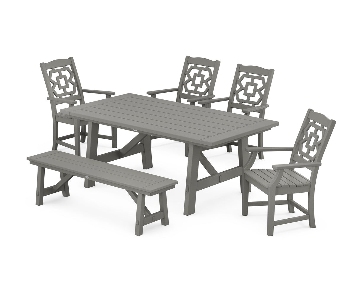POLYWOOD Chinoiserie 6-Piece Rustic Farmhouse Dining Set with Bench in Slate Grey