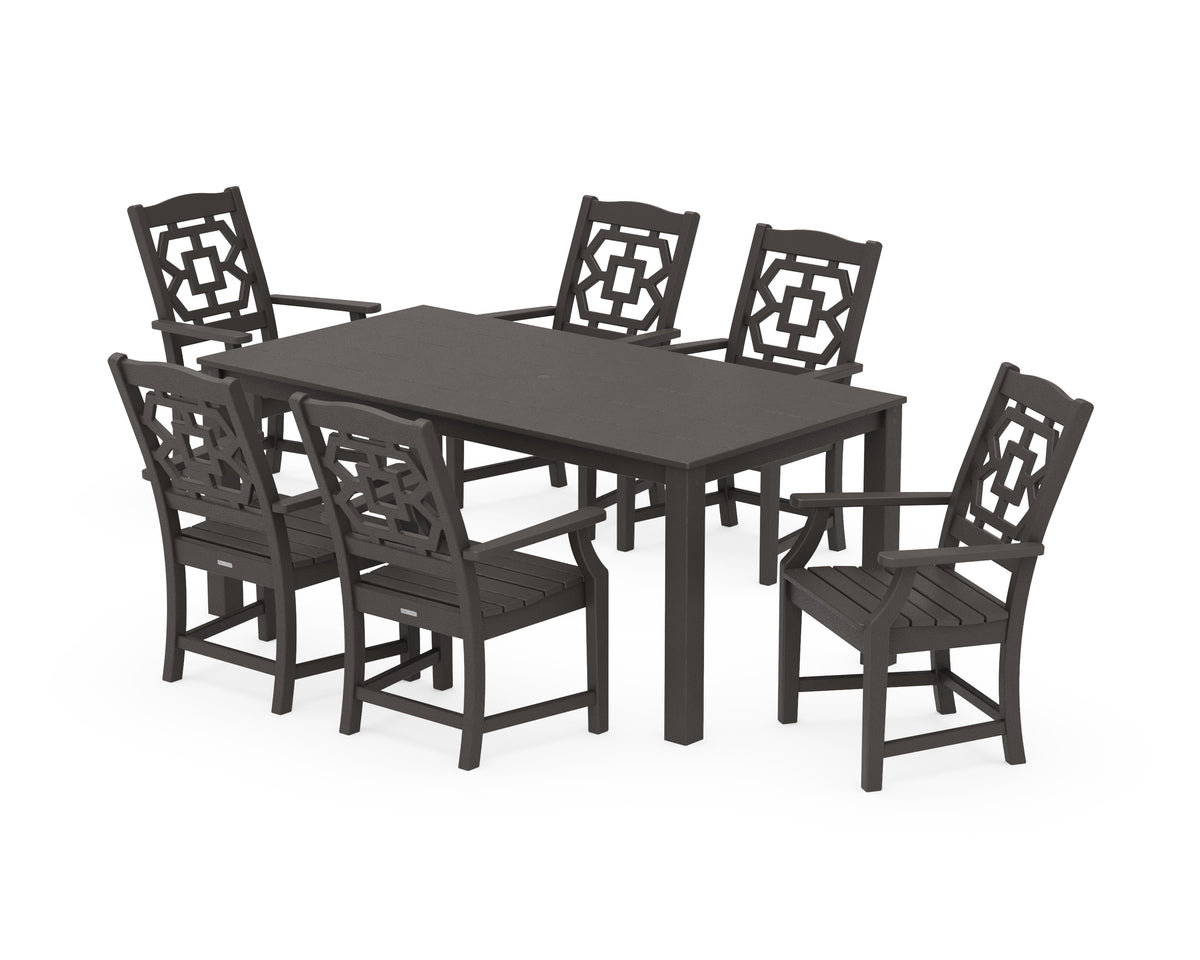 POLYWOOD Chinoiserie Arm Chair 7-Piece Parsons Dining Set in Vintage Coffee