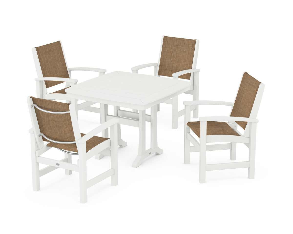 POLYWOOD Coastal 5-Piece Dining Set with Trestle Legs with Nautical Trestle 37" Dining Table in Vintage White / Burlap