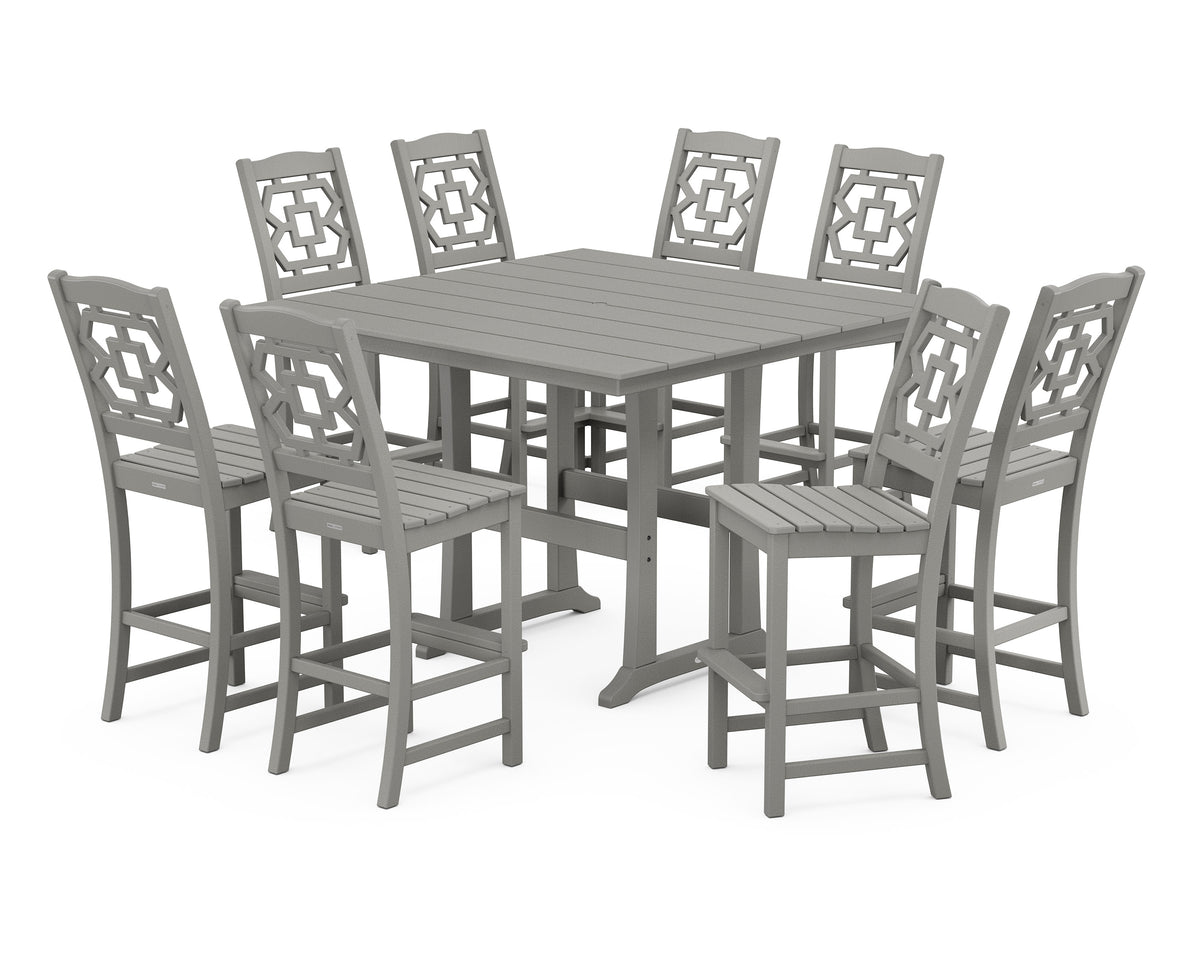POLYWOOD Chinoiserie 9-Piece Square Farmhouse Side Chair Bar Set with Trestle Legs in Slate Grey