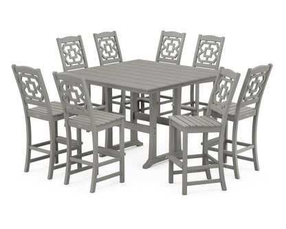 POLYWOOD Chinoiserie 9-Piece Square Farmhouse Side Chair Bar Set with Trestle Legs in Slate Grey